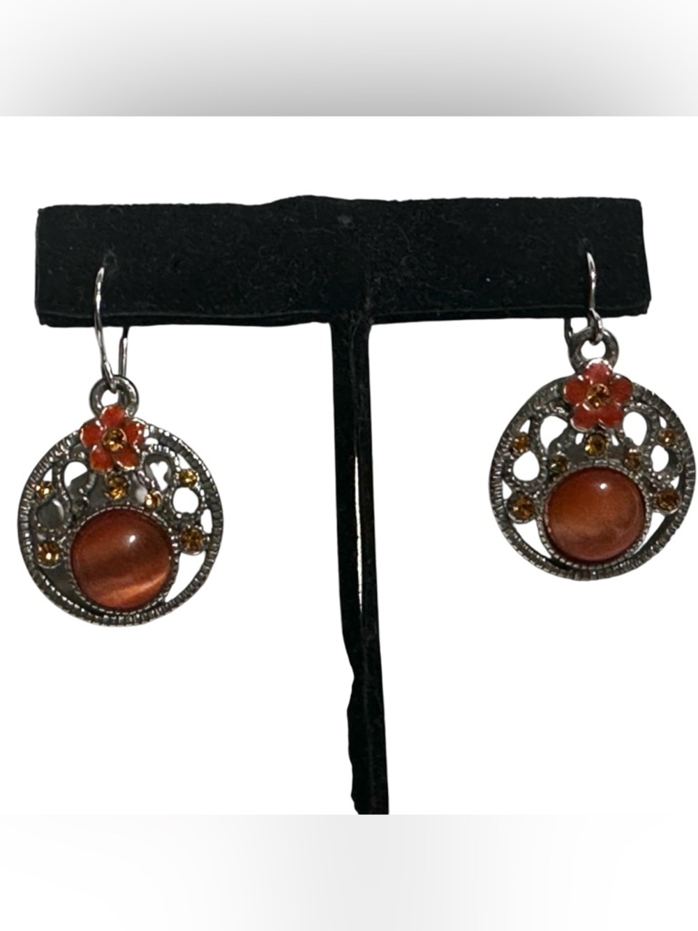 Filigree Dangle Earrings Orange Cabochons & Flowers Amber Tone Rhinestones